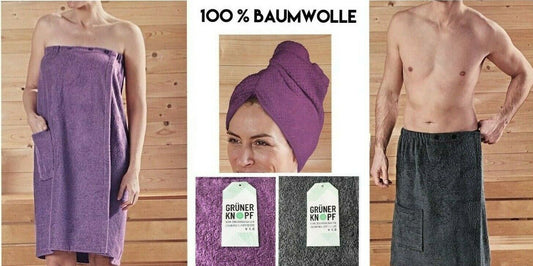 Damen Herren Saunatuch Saunakilt Wellness Frottier Kilt Haarturban 100% Baumwolle