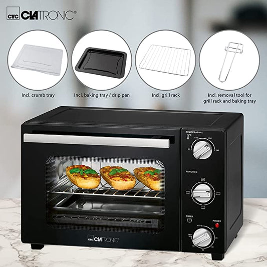 Clatronic Minibackofen MBG 3726 Backofen klein mit Ober- und Unterhitze, Mini Ofen elektrisch, perfekt für Pizza, Brötchen und Wohnwagen/Camping, Pizza Ofen/Camping Backofen inkl. Timer und Zubehör [Energieklasse B]